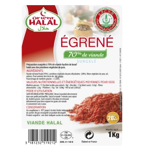Égrené Orient Halal UE IQF 70%viande  <20%MG - 1 kg de viande hachée x6