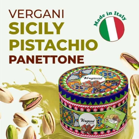 Panettone con crema di Pistacchio verde di Bronte dop gamme Sicily Trip coffret métallique Vergani 750g